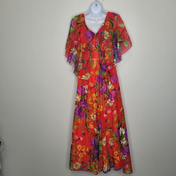 70s Outfits 70s Chiffon Dress Vintage 60s 70s Bright Tropical Floral Fit  And Flare Maxi Capelet Chiffon Dress